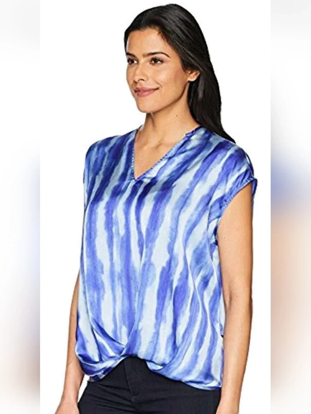Kenneth Cole Satin Blue Tie Dye Stripe Cap Sleeves V-Neck Blouse Top Shirt M